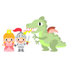 Fantasy knight princess and dragon . prince on horseback holding sword fights with dragon.