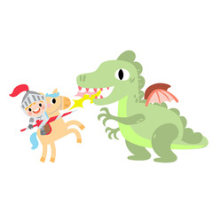 Fantasy knight princess and dragon . prince on horseback holding sword fights with dragon.