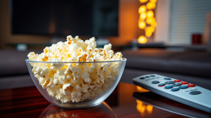 A clear bowl full of popcorn with a TV remote in the background, perfect for a movie night at home.