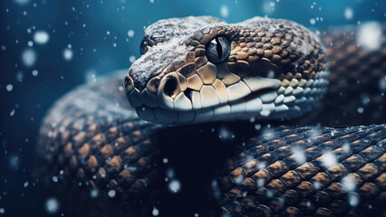 Sly Serpent in Winter Wonderland: Cunning Beauty Amidst Snowfall - obrazy, fototapety, plakaty