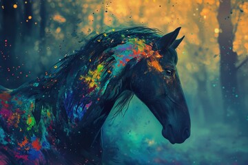 A majestic mare, adorned with vibrant strokes of paint on her mane, exudes a wild and free-spirited energy as she gallops through a lush meadow