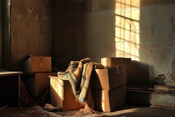 The abandoned building's decaying walls were covered in a pile of cardboard boxes, inviting exploration into the once lively room now frozen in time on the ground