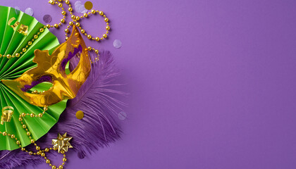 Opulence Unveiled: top view luxurious masquerade mask, beaded necklace, feathers, confetti, lively...