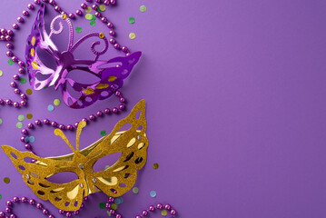 Festive Finesse Fiesta: A top view of an exquisite butterfly shaped carnival masks, ornate beads, confetti adorning a sumptuous purple setting, providing ample space for your text or advertisement
