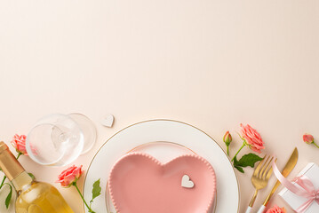 Elegant love celebration with top view of heart-shaped plates, cutlery, white wine bottle. Delightful roses, a gift box, and themed decor enhance the pastel beige setting, creating a romantic tableau