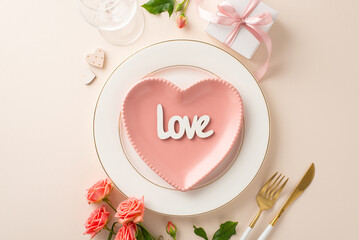 Elegant love declaration: Top view of a romantically set table with heart-shaped plate, cutlery, giftbox, roses, and a 