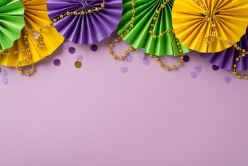 Festive Elegance Unveiled: top view of traditional beads, confetti, and vibrant paper fans showcased on a lilac background, leaving empty space for text or promotional messages