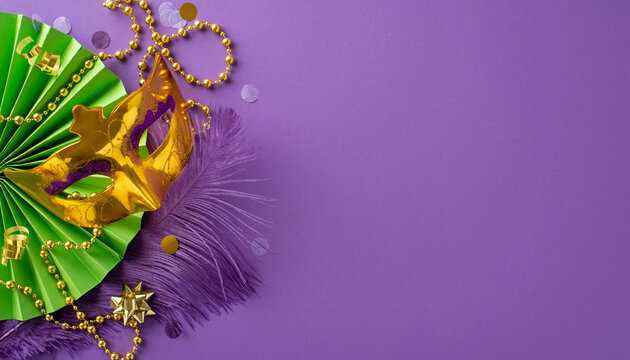 Opulence Unveiled: top view luxurious masquerade mask, beaded necklace, feathers, confetti, lively fan arranged in captivating composition on rich purple surface, offering inviting canvas for message