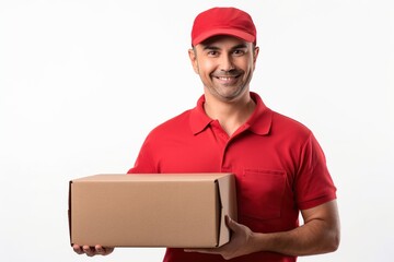 Friendly courier in a red cap and polo shirt offering a package, isolated on a white background with copy space.