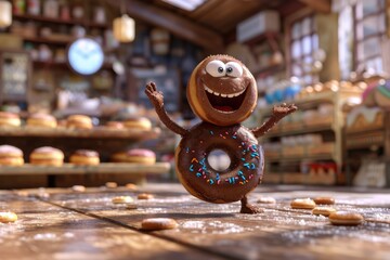 A cheerful doughnut enjoys its moment in the spotlight, standing proudly on a rustic wooden floor amidst the bustling outdoor scenery