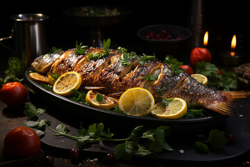 Fototapeta na wymiar Generative AI - A big grilled fish served for dinner