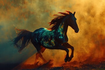 A majestic mustang mare gallops through the dusty plains, her wild mane flowing behind her as she embraces the freedom of the great outdoors