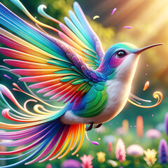 A whimsical, animated style hummingbird with wings that blur into a rainbow.