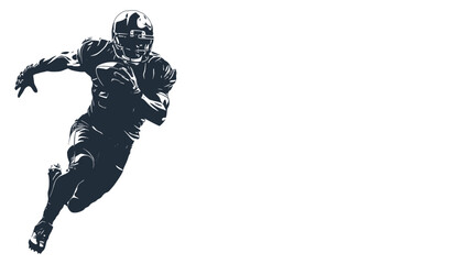 The silhouette of a running American football player in the left part of the frame on a white background. Place for the text on the left - obrazy, fototapety, plakaty