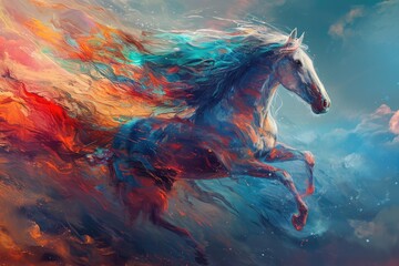 A majestic horse adorned with a vibrant mane of acrylic painted hues, embodying the beauty and fluidity of art and nature - obrazy, fototapety, plakaty