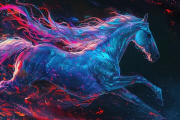 A majestic mammal with vibrant hues, a true work of art, a horse with a colorful mane and tail stands in all its beauty - obrazy, fototapety, plakaty