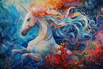 A mesmerizing fusion of modern art and mythical creatures, this acrylic painting captures the majestic essence of a unicorn with its intricate brushstrokes and vibrant colors