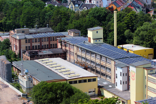 Weida, Germany - June 18, 2023: The buildings of Thuringer Lederfabrik Weida factory, a manufacturer of leather, hides and furs products.