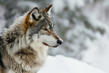 The fierce beauty of a lone gray wolf against the backdrop of a snowy wilderness