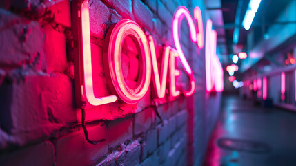 LOVE text neon sign concept on a wall with blurred bokeh background