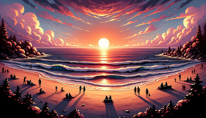 A whimsical and animated art style depiction of a sunset at a beach.