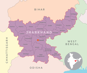Fototapeta premium Jharkhand district map with neighbour state and country