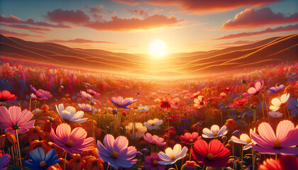 A whimsical and animated art style representation of a sunrise over a flower field.