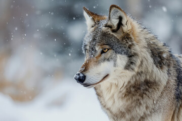 Naklejka na ściany i meble The fierce beauty of a lone gray wolf against the backdrop of a snowy wilderness