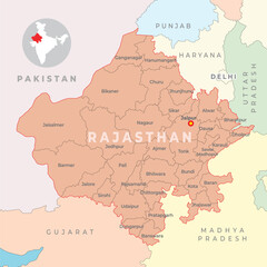 Fototapeta premium Rajasthan district map with neighbour state and country