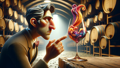 A whimsical animated art depiction of a sommelier examining the color and legs of a wine in a glass.