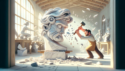 A whimsical animated art image of a sculptor chiseling away at a marble block in a sunlit studio.