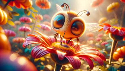 A whimsical animated art image capturing an extreme close-up of a bee pollinating a bright flower. - obrazy, fototapety, plakaty