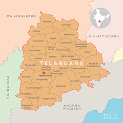 Telangana district map with neighbour state - obrazy, fototapety, plakaty