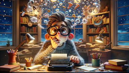 A whimsical animated art style image of a contemplative writer at a typewriter.