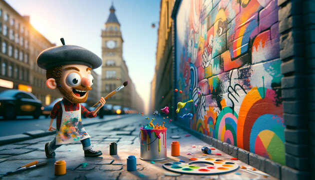 A whimsical animated art image of an artist painting a vibrant mural on an urban street wall.