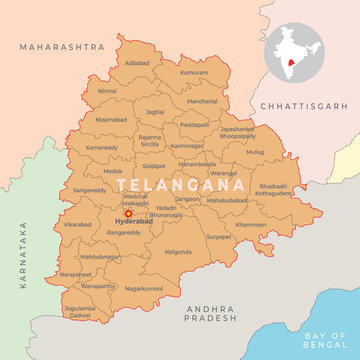 Telangana district map with neighbour state