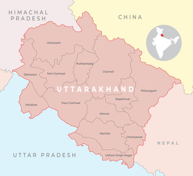 Uttarakhand district map with neighbour state and country