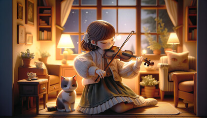 A detailed whimsical animated art scene featuring a girl playing a violin with her cat listening attentively.