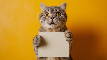 Feline Message Bearer: Ideal for Advertising and Pet-Related Promotions, Featuring a Cute Cat with Blank Paper. - obrazy, fototapety, plakaty