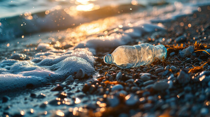 A plastic bottles lie on the beach and pollutes the sea and the life of marine life. The concept of pollution control of the seas and oceans by plastic. Beat Plastic Pollution. - obrazy, fototapety, plakaty