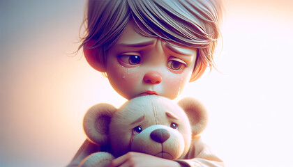 A whimsical, animated art style depiction of a young child clutching a teddy bear, with tear-streaked cheeks.