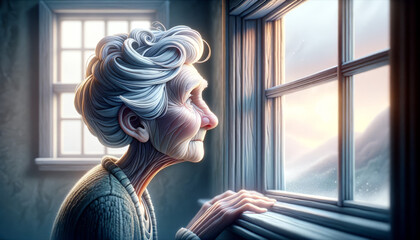 A whimsical, animated art style depiction of an elderly person gazing out of a window with a look of longing.