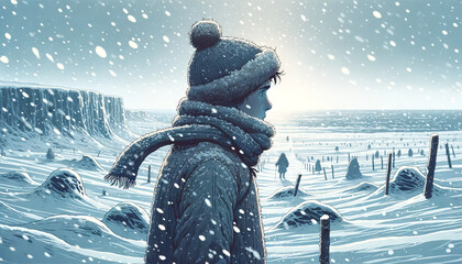 A whimsical, animated art style depiction of a lone figure standing in a desolate, snow-covered landscape.