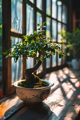 A potted bonsai tree on a wooden windowsill is generated AI