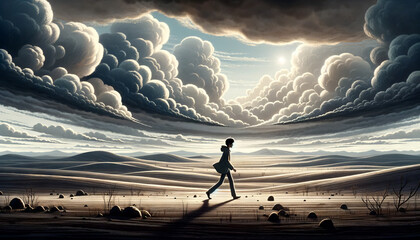 A whimsical, animated art style depiction of a person walking alone in a barren landscape, under a cloudy sky. - obrazy, fototapety, plakaty