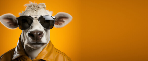 Portrait of a cow wearing sunglasses and jacket on an isolated yellow background