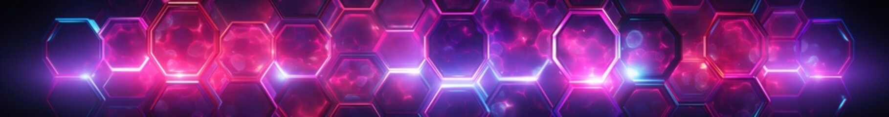 Neon hexagon frame purple pink violet color on dark blue background. Vector template of wiring neon frame with soft backlight. Celebration sign with explosion particles sparkle. Electricity background