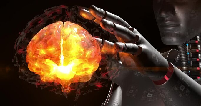 Smart High Tech AI Robot Analyzing Rotating Human Brain. Technology And Science Related 3D Animation. 