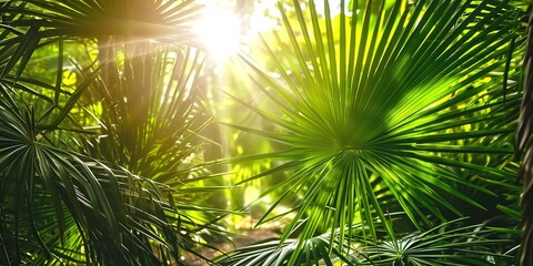 Sunlight shines behind a grove of green palms, tropical vegetation background banner with copy space
