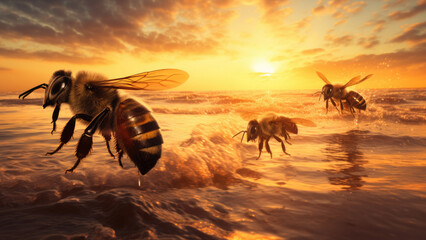 Seaside Buzz: Bees Fluttering by the Sea at a Enchanting Sunset